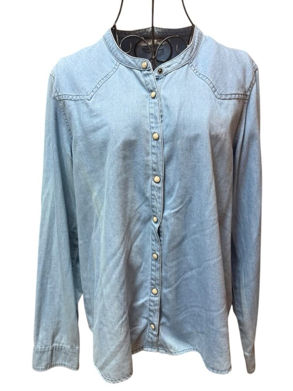 Xirena Blue Denim Button-Down Shirt Band Collar Pearl Snaps